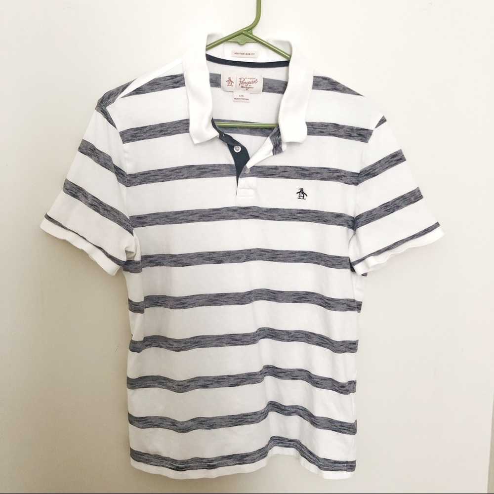 Penguin navy and white striped polo